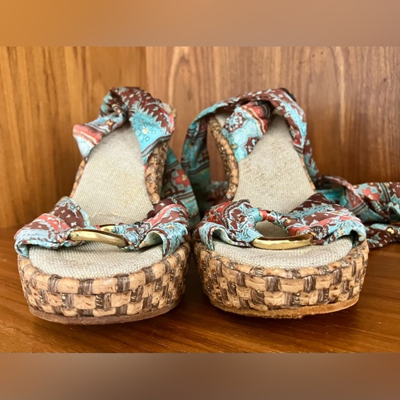 EUC VTG PELLE MODA Printed Scarf Tie Wedge Espadrilles 6.5 Aqua/Rust Brown/Gold - Picture 14 of 16